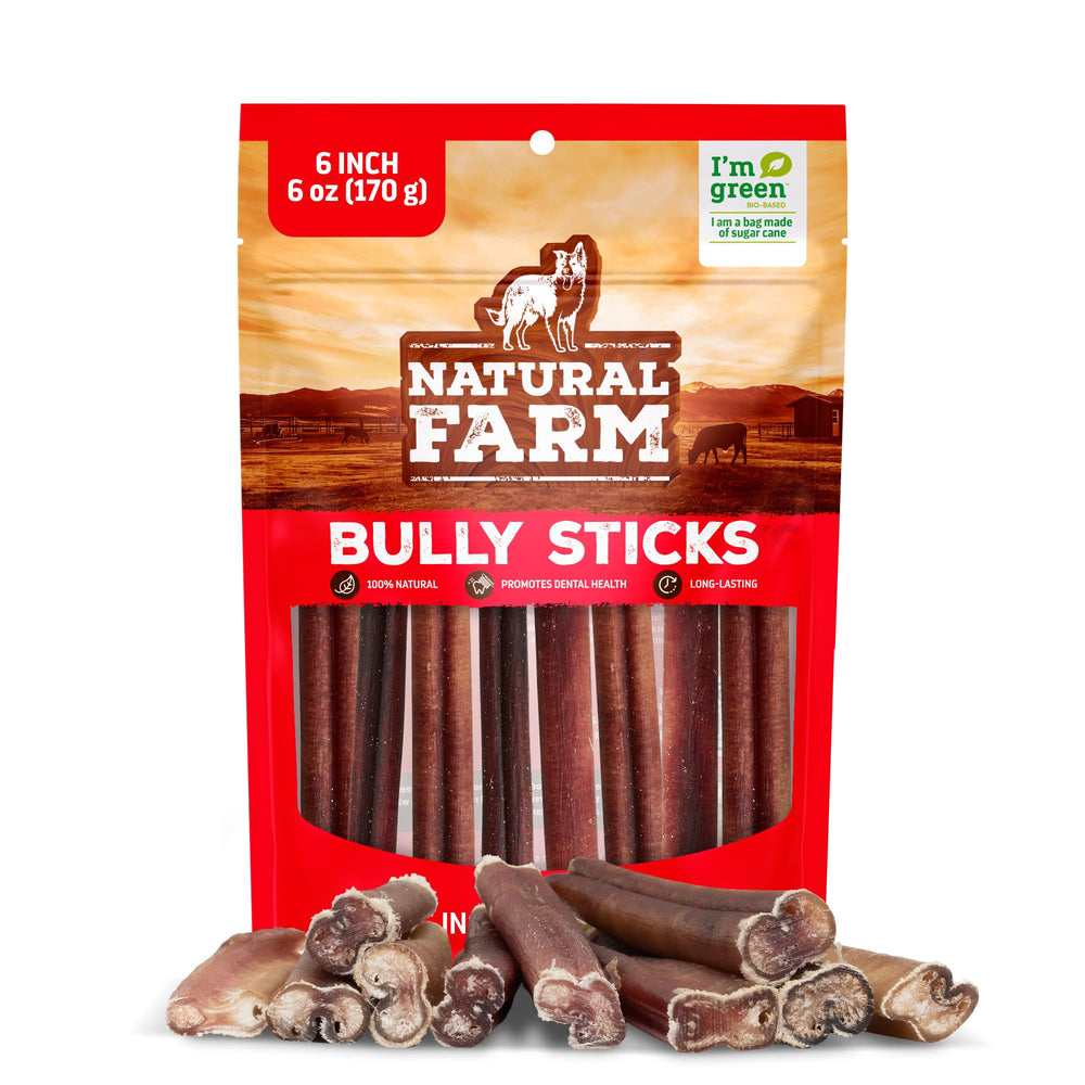 Natural Farm empaque frontal mostrando bolsa de bully sticks de 6 onzas y beneficio natural