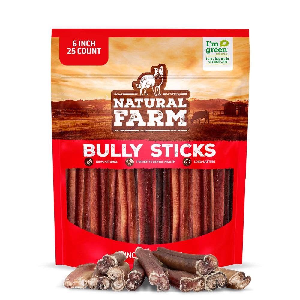 Natural Farm empaque frontal mostrando bolsa de 25 bully sticks y beneficios