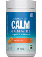 Natural Vitality CALM packaging frontal con gominolas naranjas, beneficio conveniencia familiar