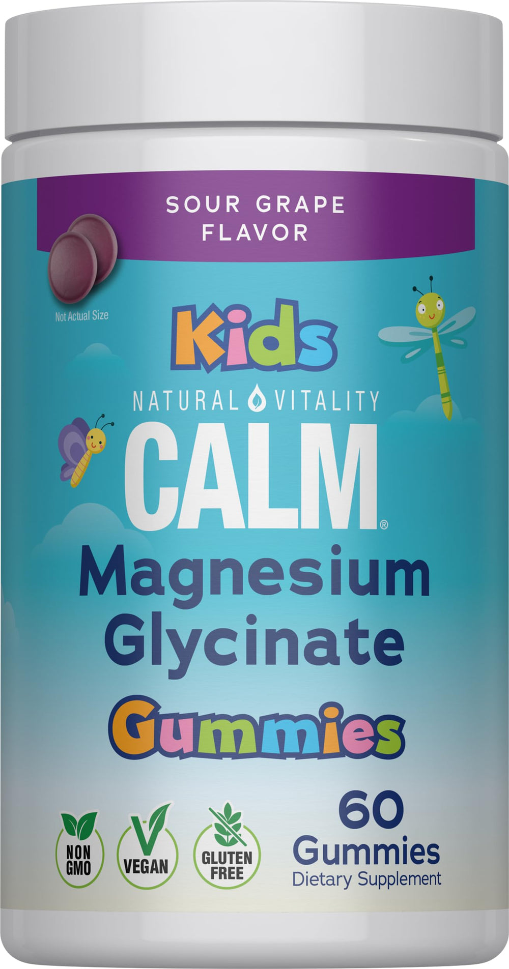 Natural Vitality Kids Calm frontal del envase mostrando sabor uva y facilidad de uso