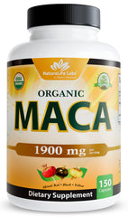 NaturaLife Labs frasco frontal de maca triple mezcla destacando 150 cápsulas y etiqueta clara