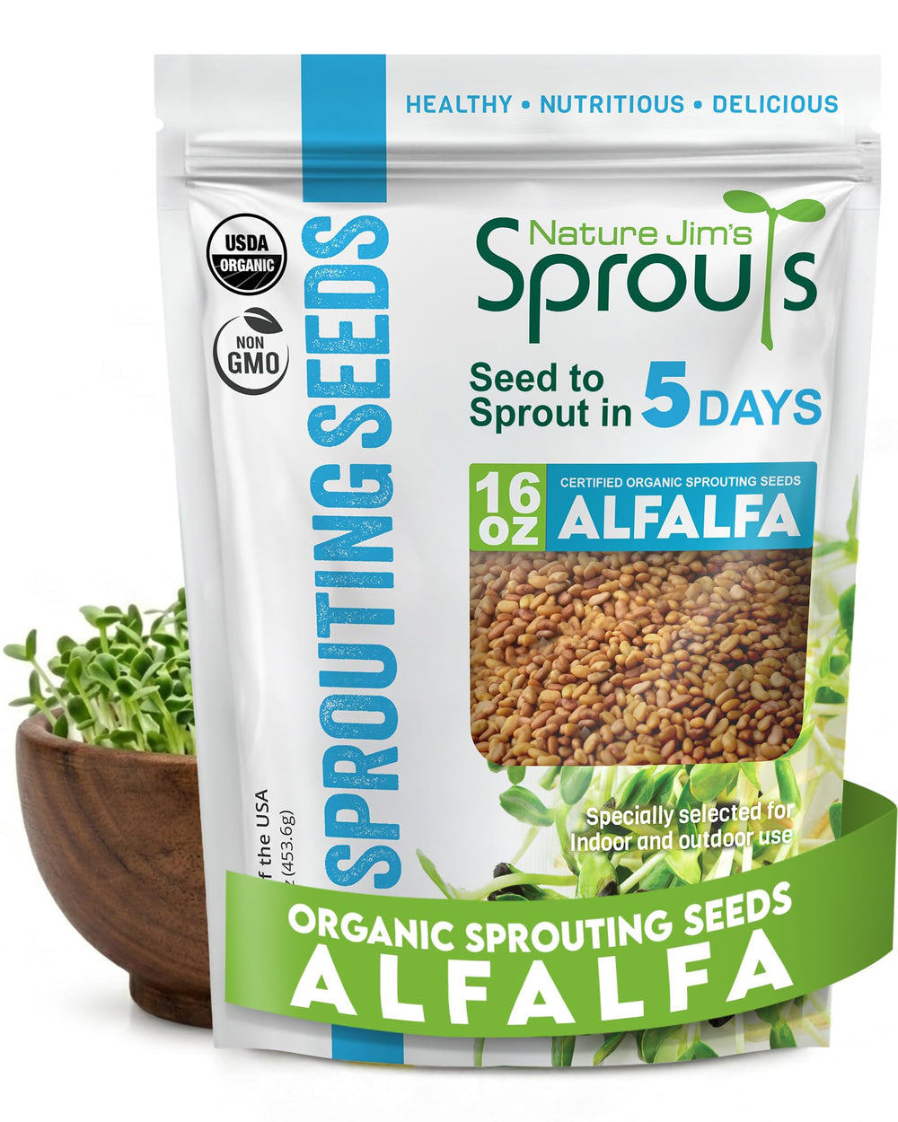 Nature Jim's Sprouts paquete frontal mostrando 16 oz y etiqueta, conveniencia instantánea