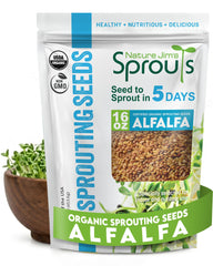 Nature Jim's Sprouts paquete frontal mostrando 16 oz y etiqueta, conveniencia instantánea