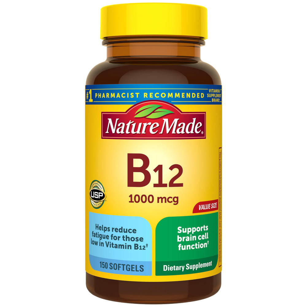 Nature Made frasco frontal mostrando 150 softgels y duración prolongada