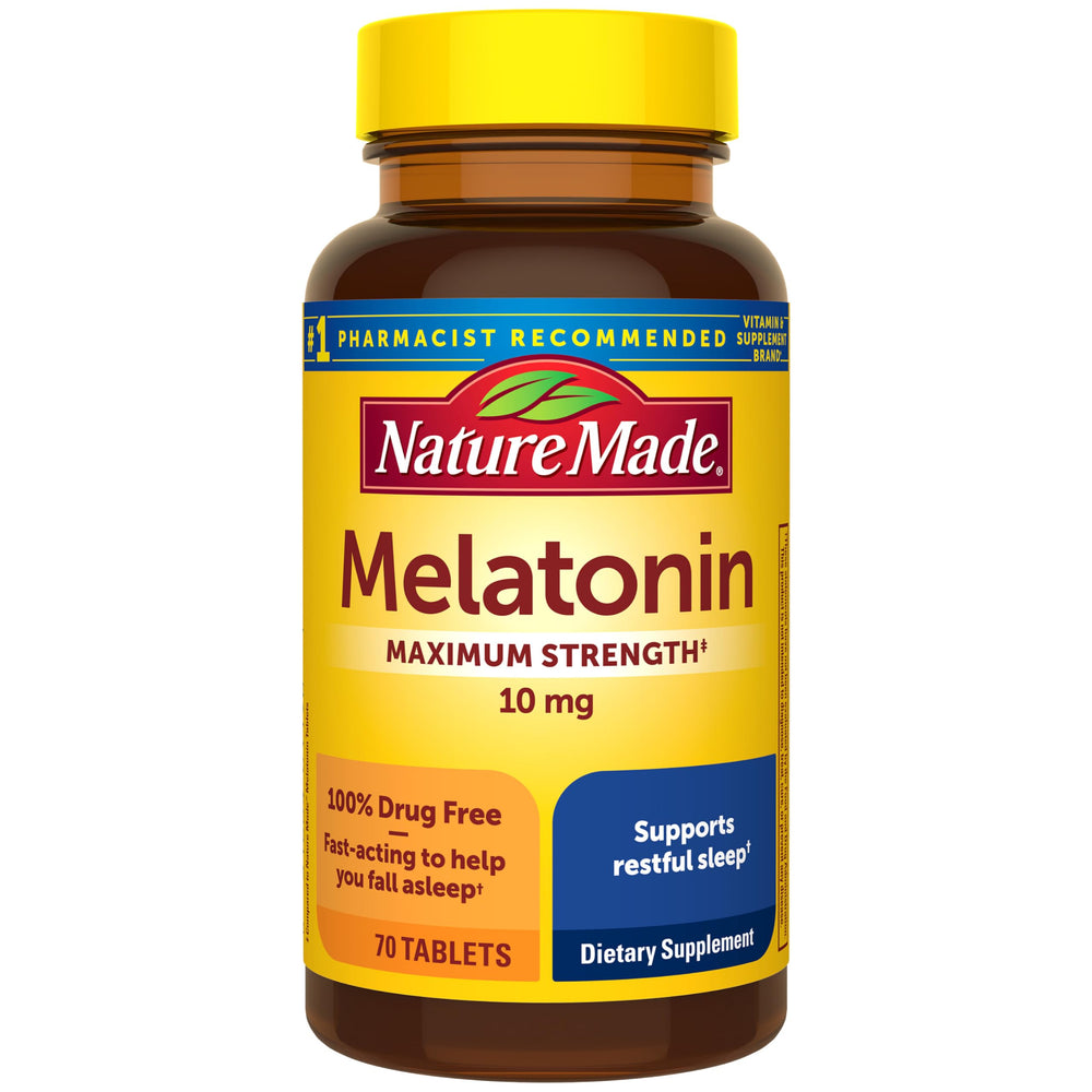 Nature Made frasco frontal mostrando melatonina 10 mg, confianza y claridad
