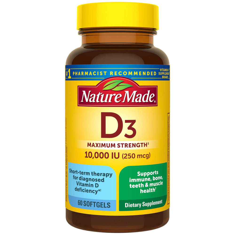 Nature Made frasco frontal de Vitamina D3 10000 IU muestra envase claro