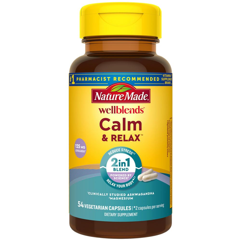 Nature Made Wellblends frente del frasco mostrando 54 cápsulas y beneficios principales