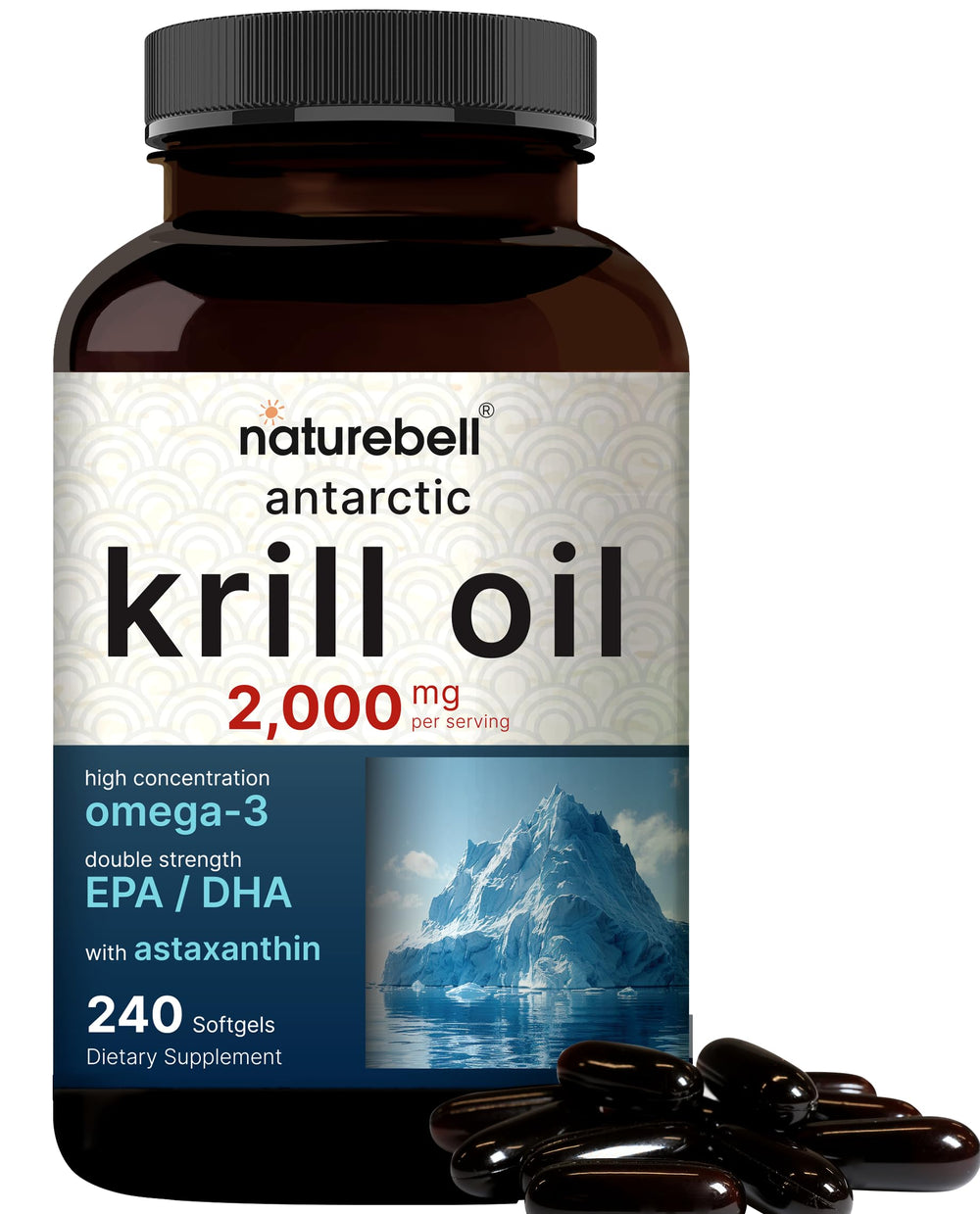 NatureBell frasco frontal del aceite de krill, presentación clara y profesional