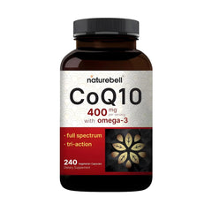NatureBell frasco frontal del suplemento CoQ10 400 mg con omega‑3 mostrando etiqueta clara