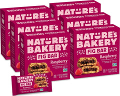 Nature's Bakery frontal del empaque mostrando pack de frambuesa y trigo integral, práctico para llevar