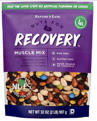 Nature's Eats envase frontal Recovery Muscle Mix 32 oz mostrando etiqueta y beneficios