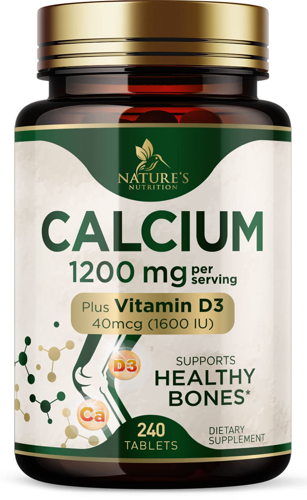 Nature's Nutrition envase frontal mostrando calcio 1200 mg y beneficio óseo