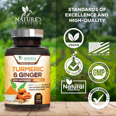 Nature's Nutrition polvo de cúrcuma cerca que muestra pureza y color