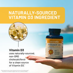 Etiqueta nutricional de NatureWise Vitamin D3 que muestra información de dosis y certificaciones