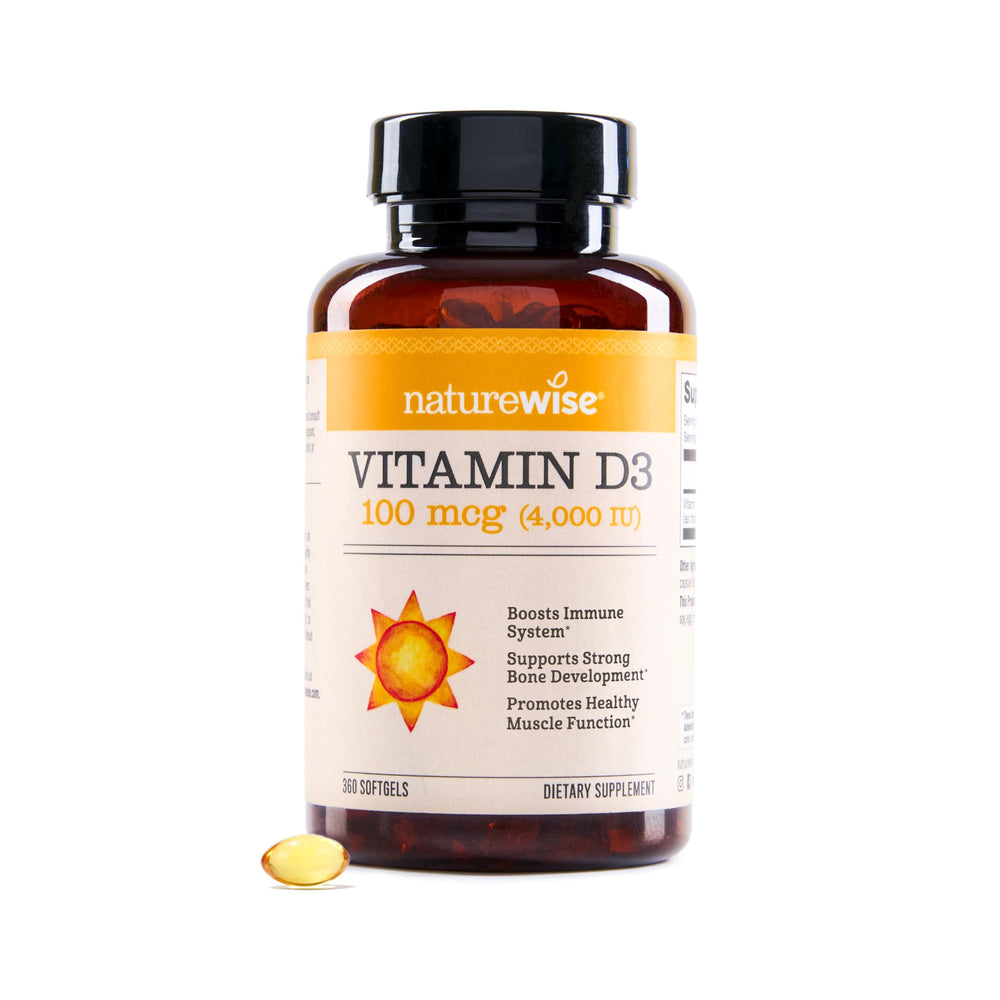 Frasco de NatureWise Vitamin D3 4000 IU mostrando etiqueta clara y tamaño de 360 cápsulas