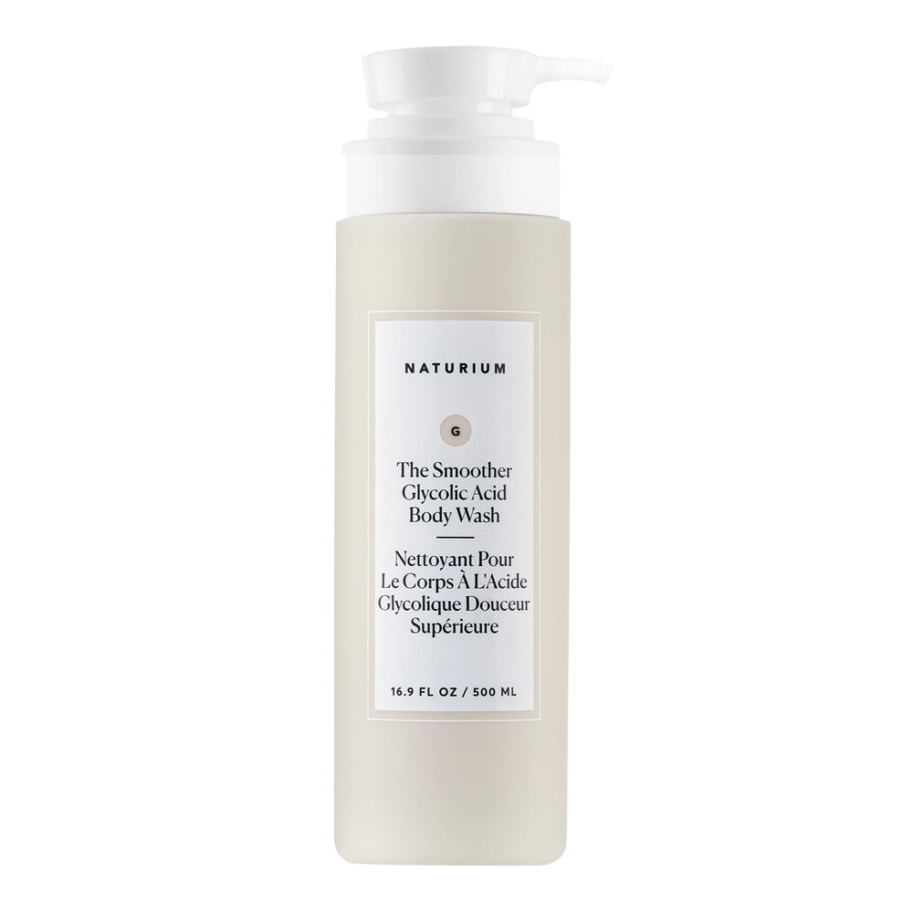 Naturium frasco frontal mostrando etiqueta clara y beneficio exfoliante