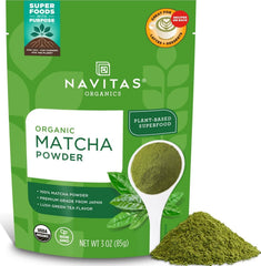 Navitas Organics empaque frontal mostrando matcha orgánico y beneficios