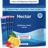 Nectar Calm vista frontal del empaque mostrando sticks y sabor fresa limón