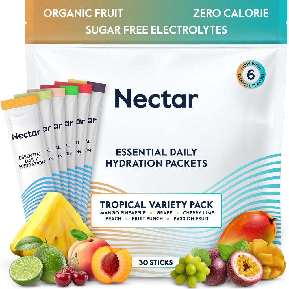 Nectar sobre frontal tropical muestra empaque y beneficio de rehidratación rápida