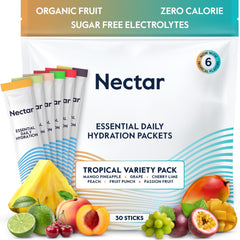 Nectar sobre frontal tropical muestra empaque y beneficio de rehidratación rápida