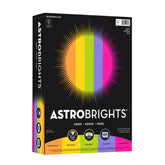 Neenah Astrobrights frente del paquete mostrando colores brillantes y cantidad