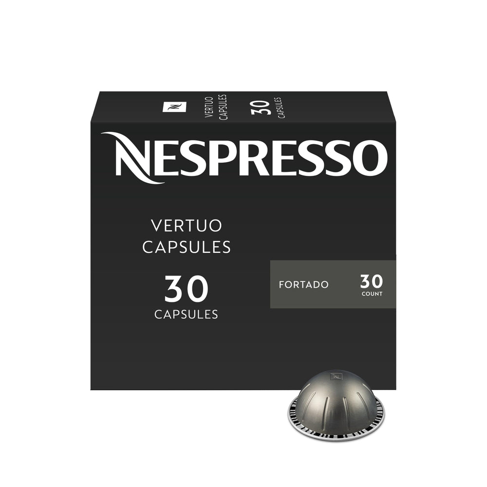 Nespresso Fortado frontal del paquete mostrando la caja y la marca, atractivo visual