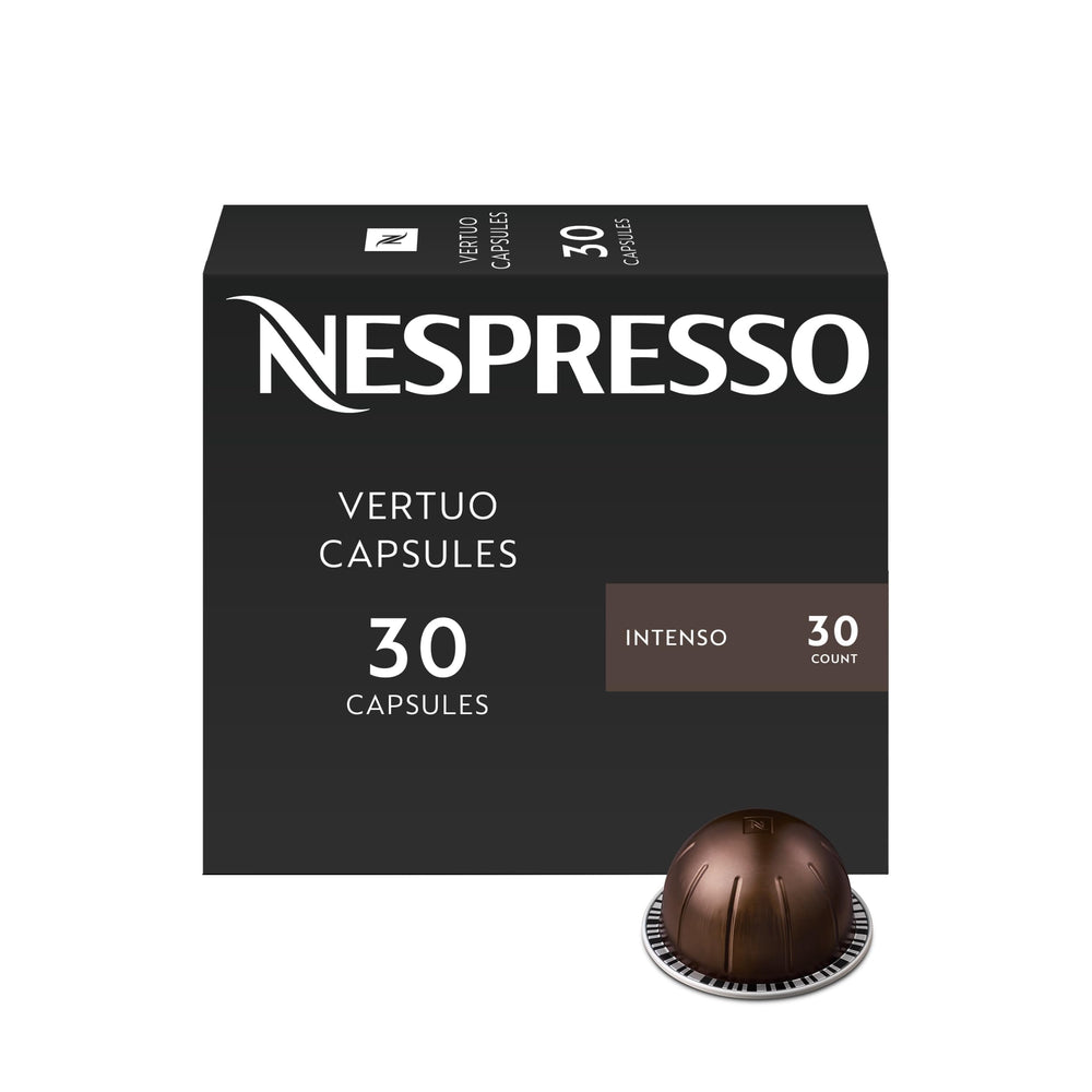 Nespresso Intenso frontal del empaque mostrando 30 cápsulas y beneficio de almacenamiento sencillo