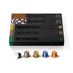 Nespresso paquete frontal mostrando 50 cápsulas y variedad de sabores
