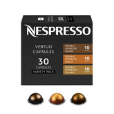 Nespresso Vertuo pack frontal mostrando caja de 30 cápsulas y variedad