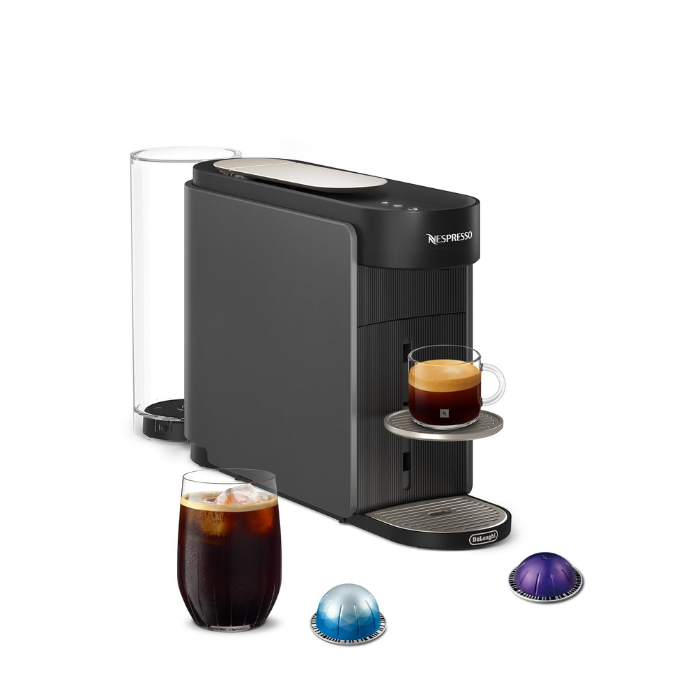 Nespresso Vertuo Up front view showing slim grey body and fast-start benefit