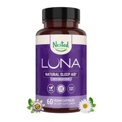 Nested Naturals frasco Luna frontal mostrando 60 cápsulas veganas y diseño claro