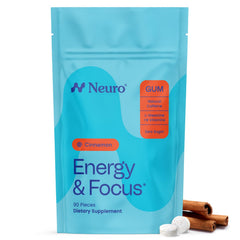 Neuro chicle frente del paquete mostrando canela y conteo, conveniente para llevar
