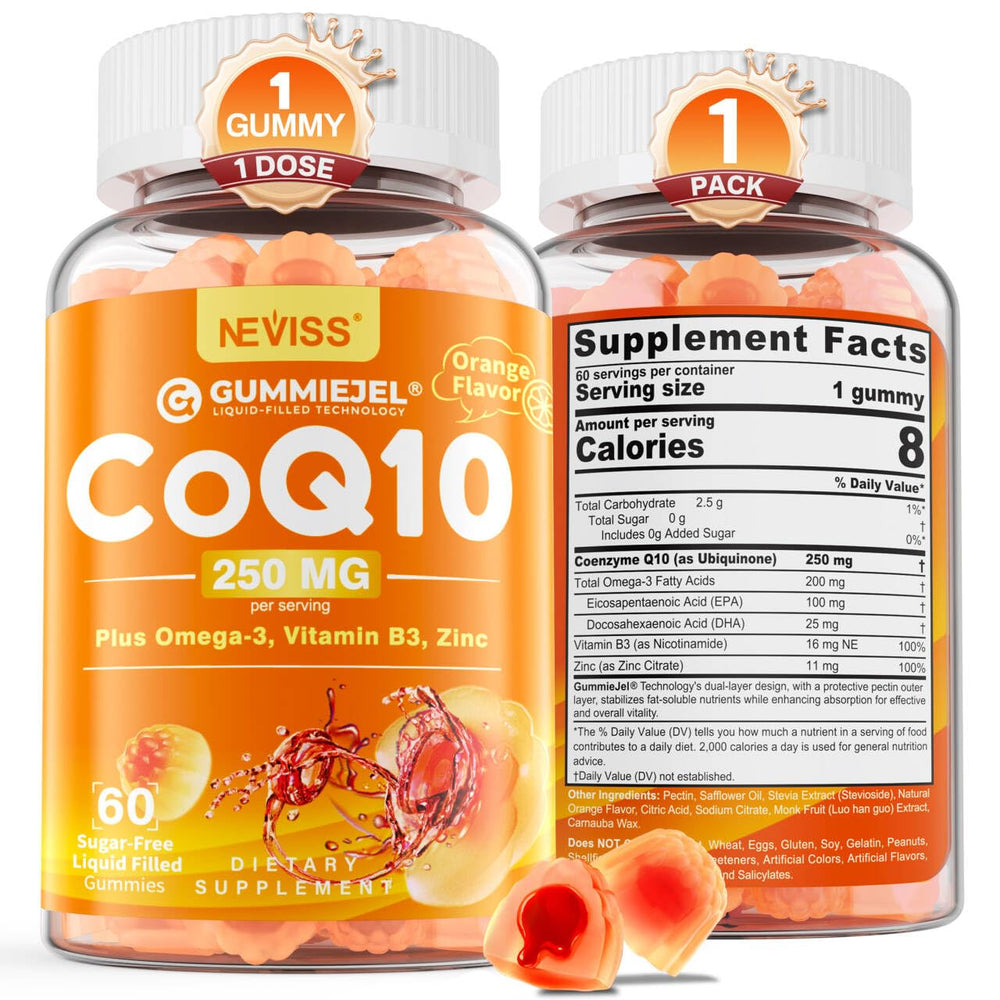 NEVISS frasco frontal de gomitas CoQ10 mostrando etiqueta y cantidad