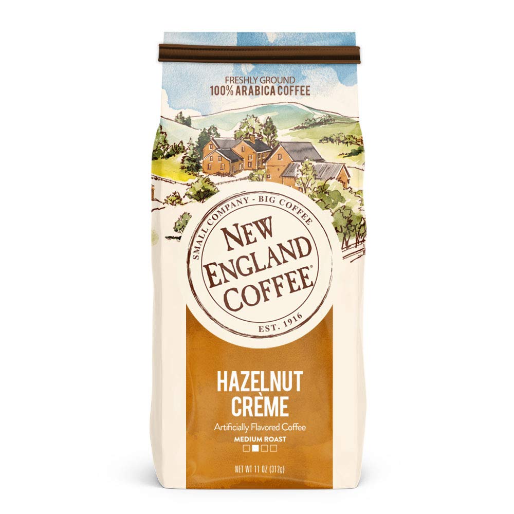 New England Coffee front packaging showing three 11oz bags and clear branding benefit convenience