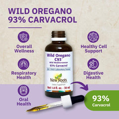 NEW ROOTS HERBAL etiqueta legible indicando 93% carvacrol y origen