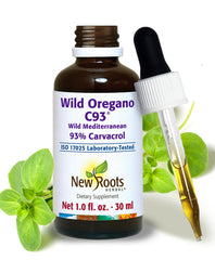 NEW ROOTS HERBAL frasco al frente mostrando etiqueta y pureza
