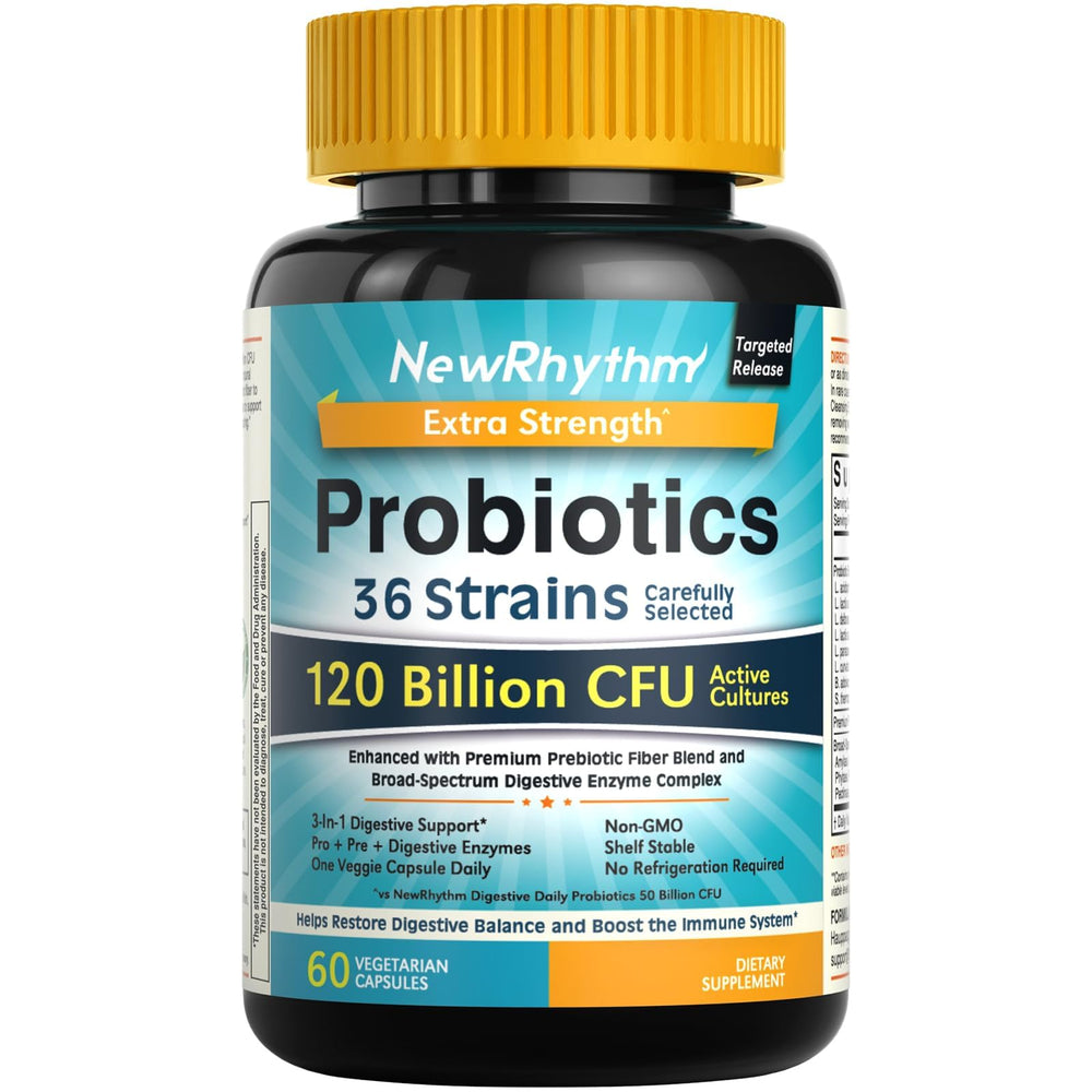 NewRhythm frasco frente mostrando diseño y conteo de 60 cápsulas