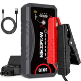NEXPOW Q10S vista frontal del paquete mostrando el arrancador y accesorios útil para emergencias