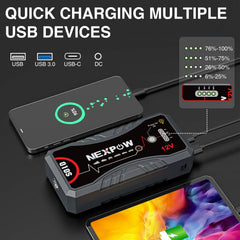 NEXPOW Q10S puertos USB, USB-C y conector EC5 mostrando versatilidad para cargar dispositivos