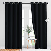 NICETOWN panel frontal negro opaco mostrando caída elegante y bloqueo de luz