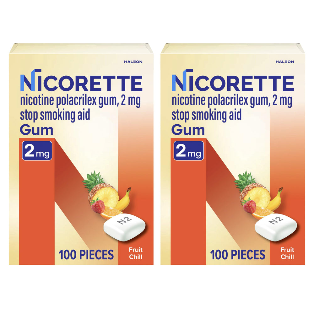 Nicorette chicle frente del envase mostrando cantidad y sabor Fruit Chill