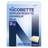 Nicorette paquete frontal mostrando 200 unidades y beneficio de duración