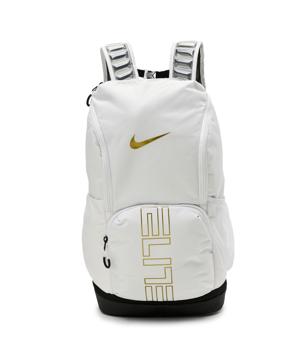 Nike mochila frontal blanco negro oro con apariencia resistente y fácil acceso