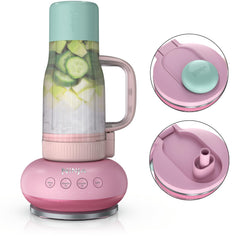 Ninja vaso frontal rosa mostrando diseño portátil y mango, fácil transporte