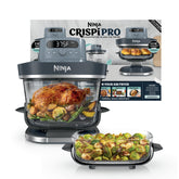 Ninja Crispi Pro vista frontal mostrando diseño de vidrio y controles, facilita supervisar la cocción