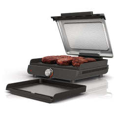 Ninja Sizzle vista frontal mostrando parrilla y plancha, rápido sellado y control