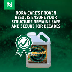 Nisus Bora-Care galón junto a una regla para mostrar escala y rendimiento por galón