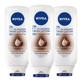 NIVEA frontal del pack triple mostrando botellas y beneficio hidratación