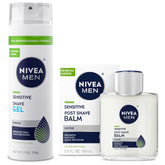 NIVEA MEN pack de afeitado frontal mostrando gel y bálsamo, conveniencia