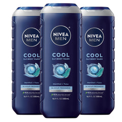 NIVEA MEN imagen frontal del pack tres botellas, presentación y tamaño práctico